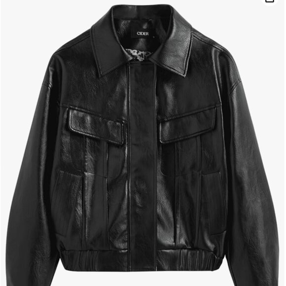NWT CIDER Vegan Faux Leather Collar Pocket Bomber Jacket Sz small - Picture 1 of 5
